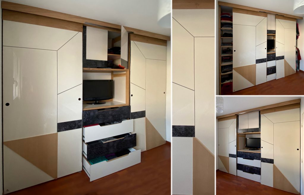 Dressing magnifique sur-mesure en bois massif et dibond sur un pan de mur