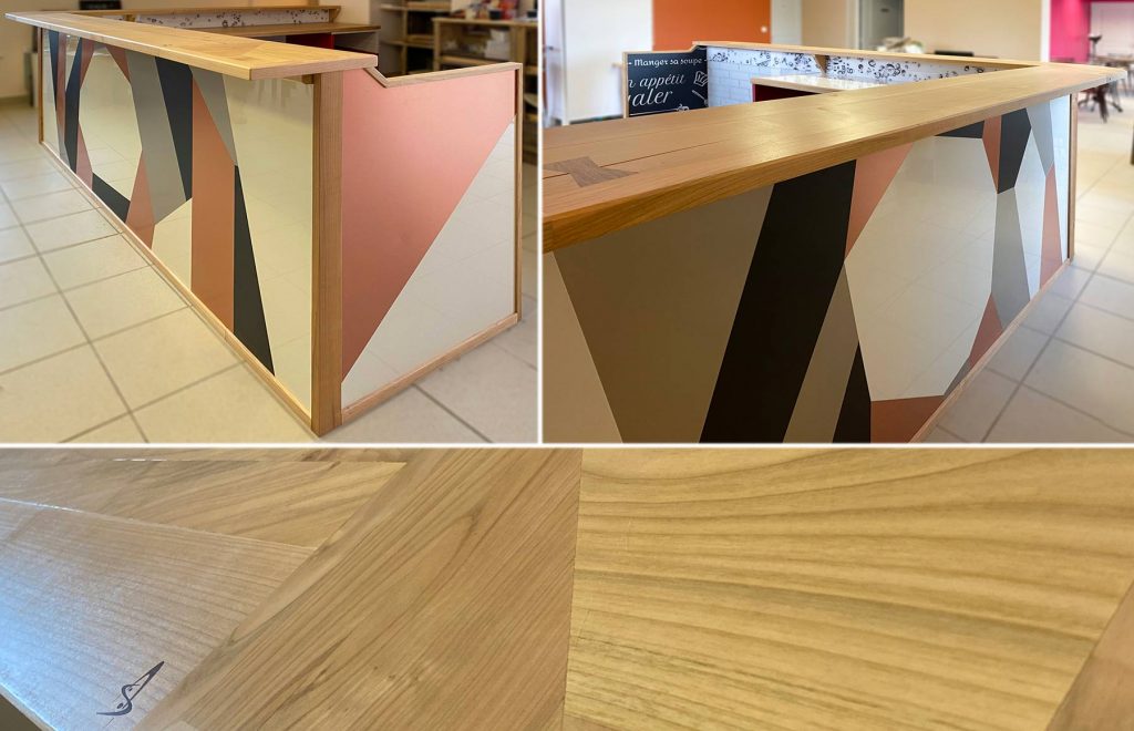 Bar sur-mesure en L. Bois massif, Dibond et Makrolon