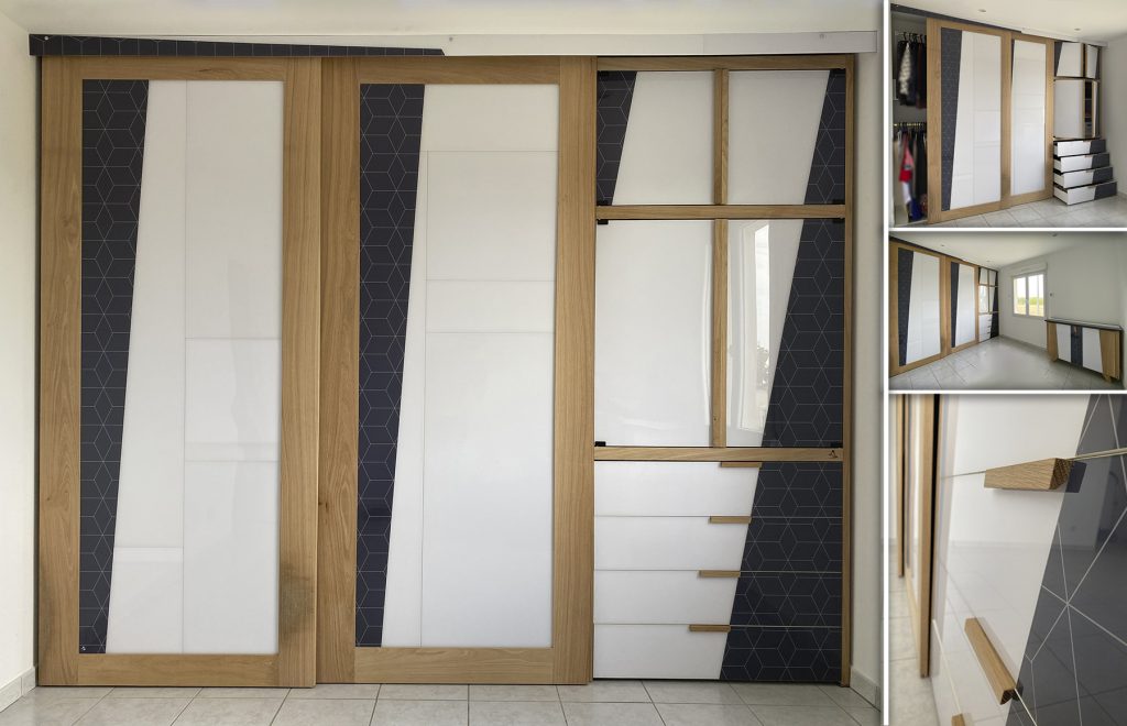 Dressing sur-mesure en chêne massif et makrolon. Avec penderie, tiroirs et étagères.