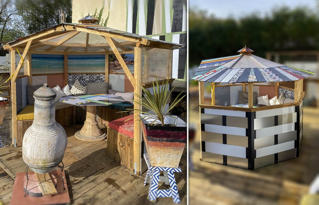 kiosque extérieur toutes saisons, avec table et banquette intégrée