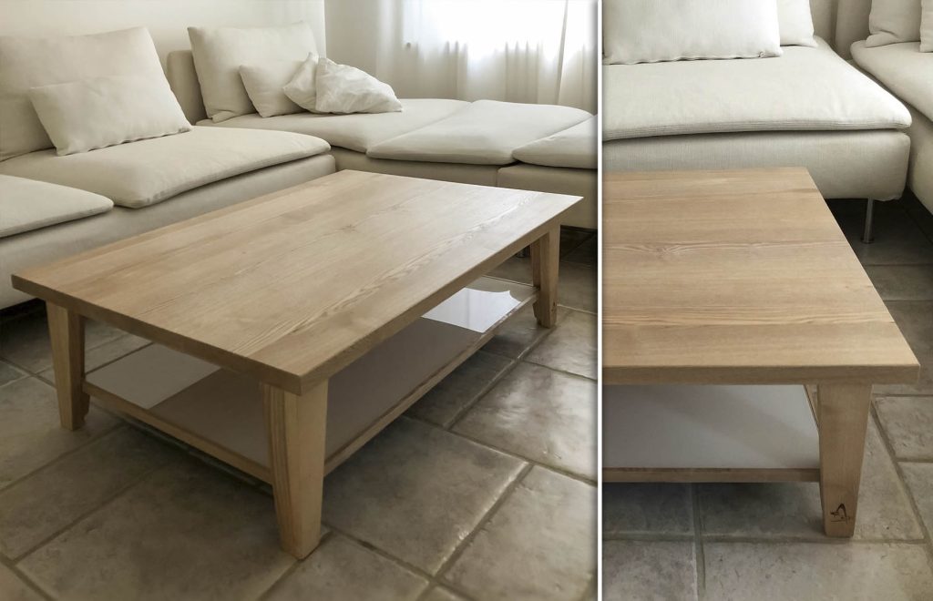 Table basse en frêne massif, avec sous plateau